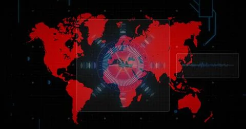 Central radar graphic scanning in control panel with world map, nodes, waveform Stock Photos