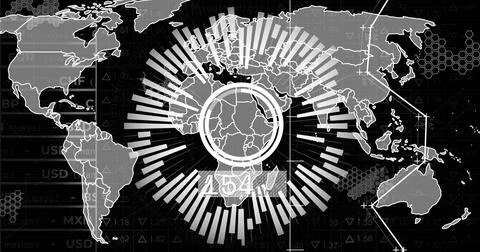 Central radial bar chart projecting African finance data over world map on Stock Photos