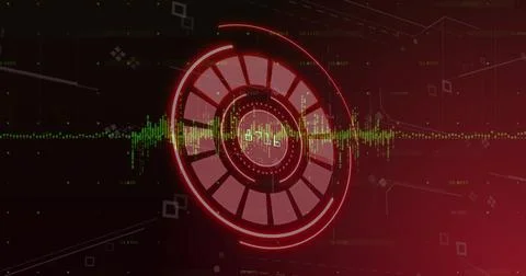 Central red circular HUD element glowing in interface display, with green 写真素材