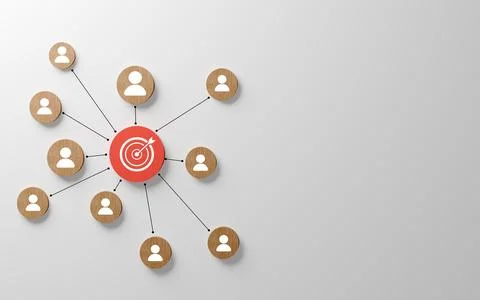 Central red target icon connected by lines to multiple wooden human avatar .. Stock Photos