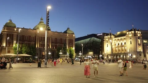 Central Republic square of Belgrade city at night Stock Footage 329948741
