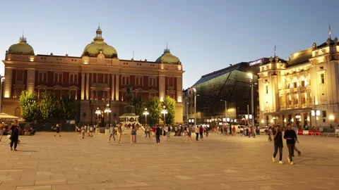 Central Republic square of Belgrade city at night Stock Footage 335614718