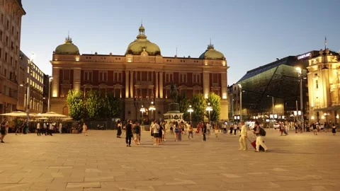 Central Republic square of Belgrade city at night Stock Footage 338445991