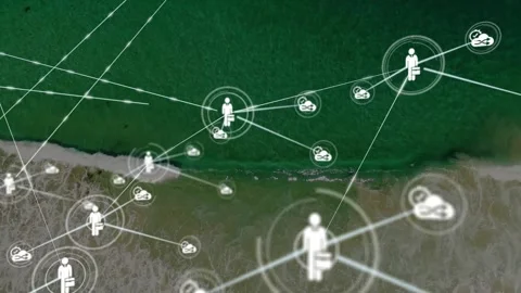 Central ring appearing, briefcase node radiating, linking sat icons and growing Video stock 332285274