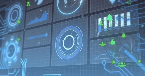 Central ring HUD rotating and pulsing on data burst, green icons moving up 스톡 동영상 328583624