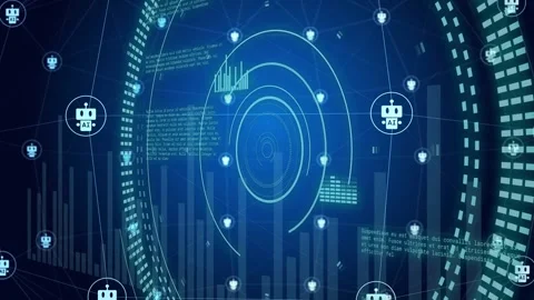 Central rings pulsing and rotating in tech dashboard, initiating node flow and Video stock 332704490