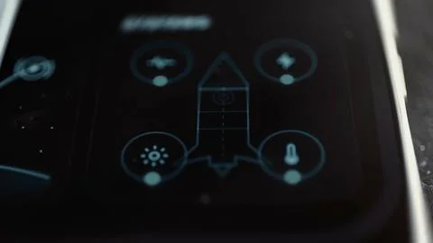 Central rocket links four circular system indicators Stock Photos