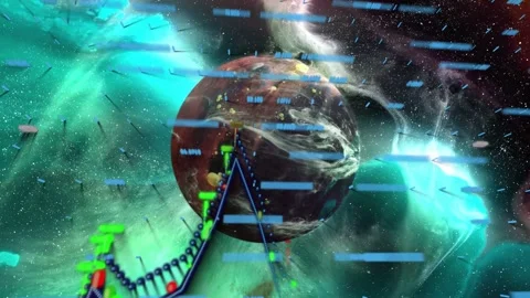 Central rocky planet orbiting nebula, camera push causing neon graphs rising Stock Footage 332685800