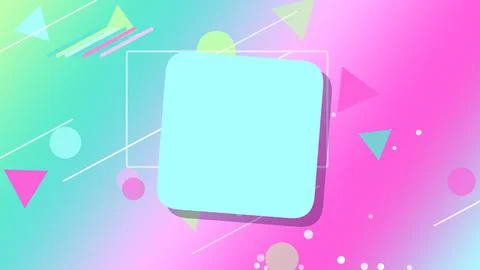 A central rounded 3D square and floating geometric icons sit on a colorful .. Stock Illustration