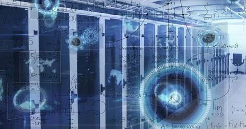 Central row of server racks glowing in data center corridor with cabling, trays, Stock Photos