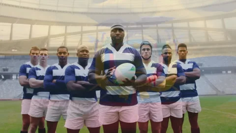Central rugby player shifting grip and raising ball with team logo sweeping, Stock Footage 310438846