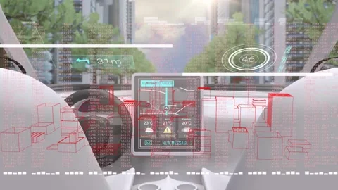 Central screen showing left-turn countdown dropping to 27m, HUD casting red Stock Footage 329751932