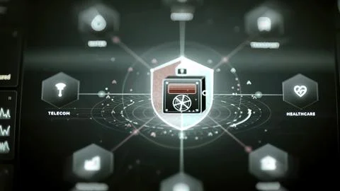 Central secured server inside a shield connects 库存照片