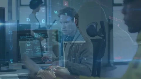 Central security analyst typing, initiating code overlay and handling firewall Stock Footage 332505005