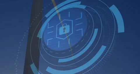 Central security graphic rotating in digital scene using padlock shield, binary Stock Footage 307468860