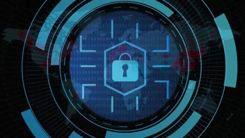 Central security HUD activating on node surge, expanding and rotating to show Stock Footage 334768616