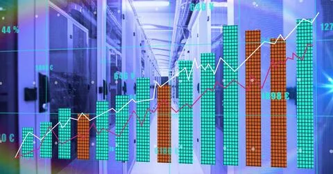Central server aisle displaying digital graphs in data center corridor, with Stock Photos