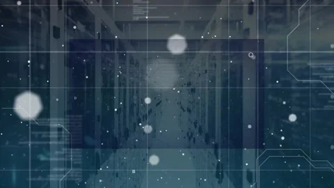 Central server aisle glowing while HUD grid and orbs moving after ping, showing Stock Footage 326973967