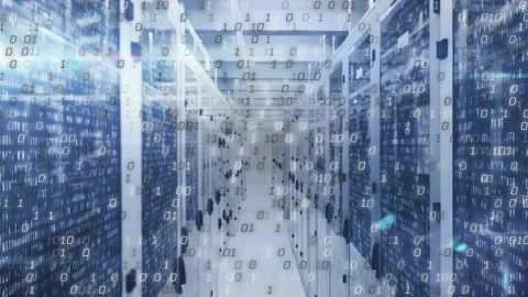 Central server aisle reacting to data load, binary digits drifting and glowing Stock Footage 329751890