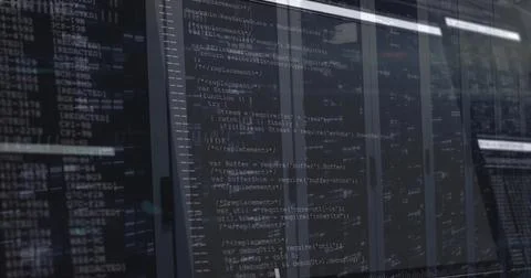 Central server cabinets running inside data center, with code overlaid glass and Stock Illustration