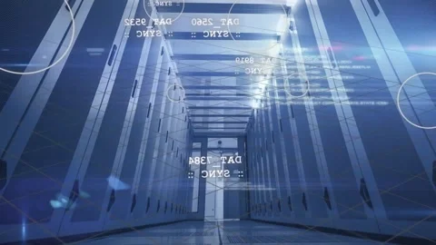 Central server rack aisle occupying frame, HUD text codes and rings emerging, Stock Footage 331713602