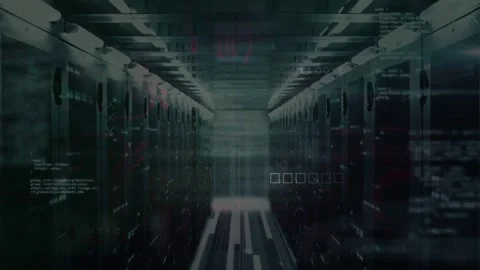 Central server-rack aisle pulsing and projecting UI after data surge, floor Stock Footage 332577674