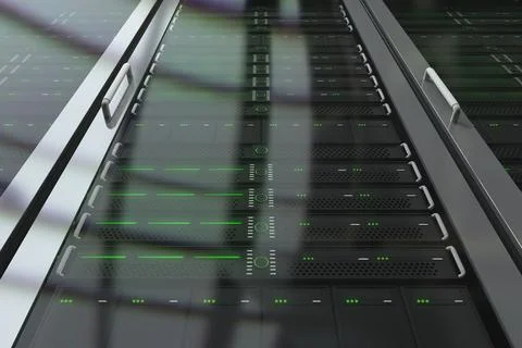 Central server rack array is gleaming with green LED indicators in flat design Foto stock
