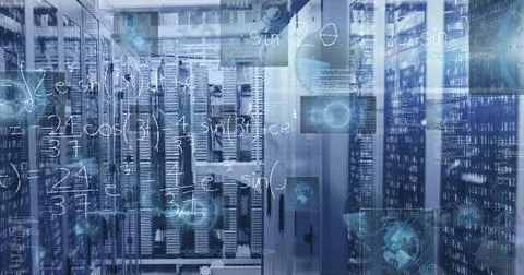 Central server rack cabinet standing in data center aisle, with floating math Stock Photos