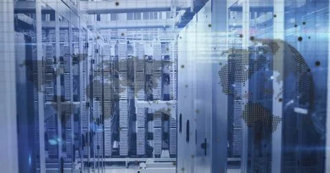 Central server rack operating behind glass doors in data center, with blinking Stock Illustration