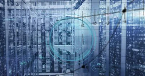 Central server rack unit showing holographic network graphics in data center, 写真素材