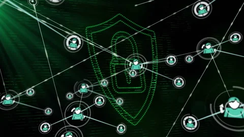 Central shield being highlighted while protecting user nodes, using flat design Stock Footage 309342380