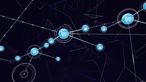 Central shopping-cart node pulsing, sending connectors, spawning padlocks, Stock Footage 329505279