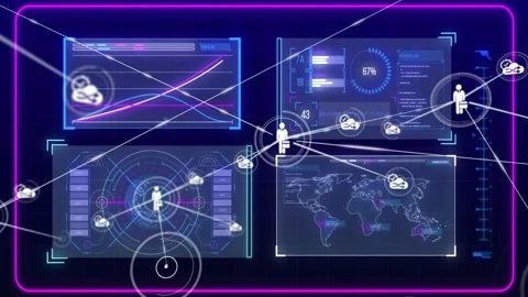 Central silhouette appearing, sending lines to clouds, updating metrics and Vídeo Stock 330717687