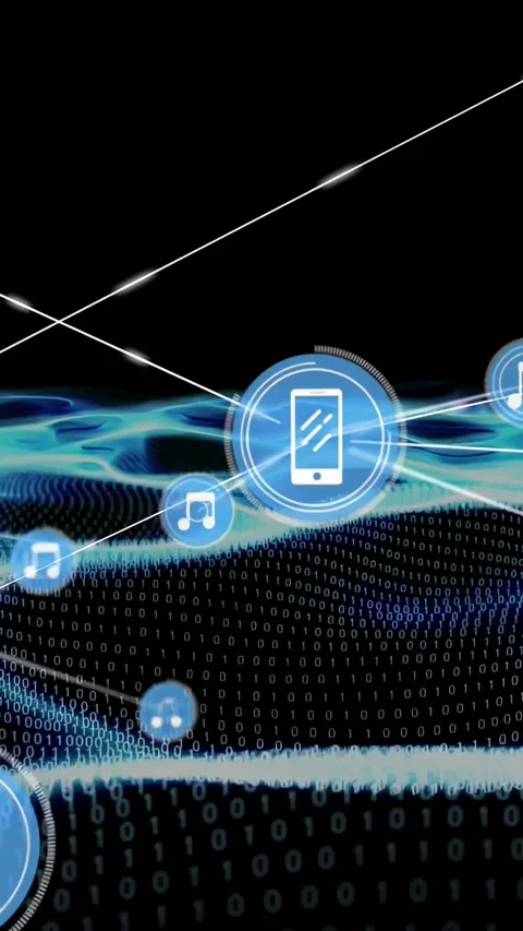 Central smartphone badge pulsing, creating audio nodes linking over binary wave, Stock Footage 330720736