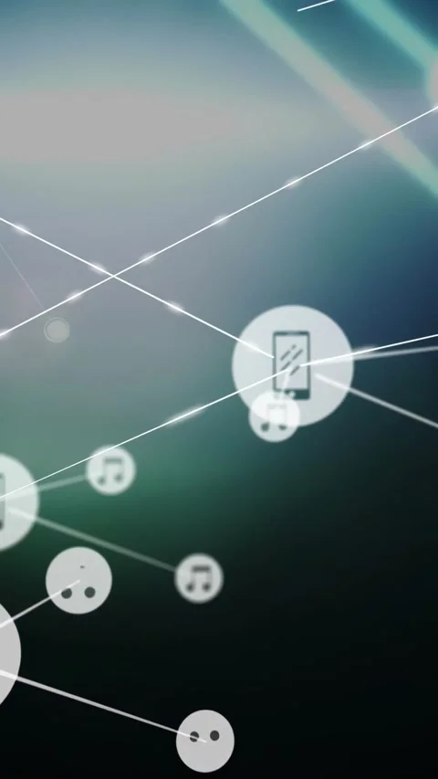 Central smartphone node sending expanding links, spawning note nodes across Video stock 330720713