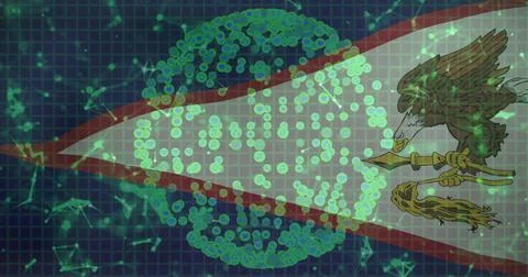 Central sphere displaying glowing green nodes in grid with lines, red beam, Illustrazione stock