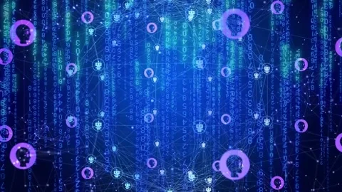 Central sphere forming as code streams sparking links users orbiting bots Stock Footage 332821938