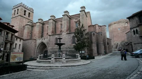 Central square with car traffic and church in Mora de Rubielos, Teruel, Spain Stock Footage 68316348
