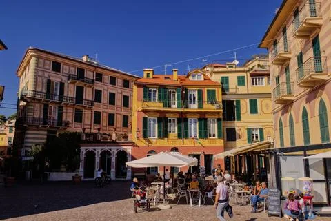 The central square of Celle Ligure. 스톡 사진