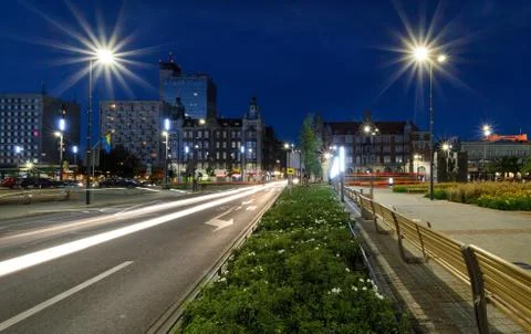 Central square of the Katowice after sunset. Stock Photos
