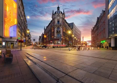 Central square of Katowice in dramatic sunset. Foto stock