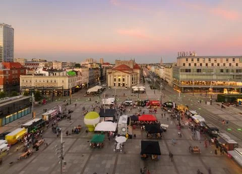 Central square of Katowice in the evening Stock Photos