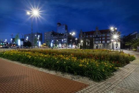 Central square of the Katowice in the evening. Stock Photos