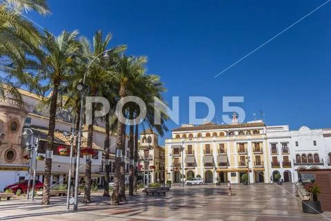 Central square Plaza de Espana in historic city Ecija Stock Photos