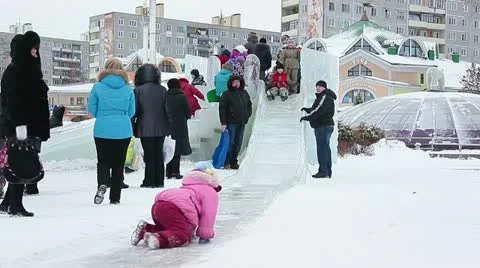 Central square wuth ice slide in the town of Dmitrov Stock Footage