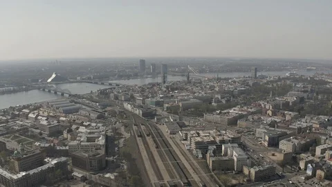 Central station in Riga. Drone flight over Railways, Train rail road in European Stock Footage 120397793