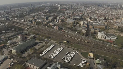 Central station in Riga. Drone flight over Railways, Train rail road in European Stock Footage 120397904