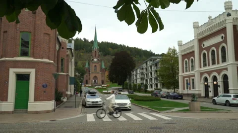 The central streets of Drammen, Norway Stock Footage 163169403