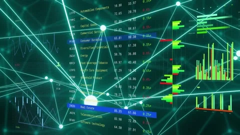 Central table appearing blue bar moving rows, nodes pulsing, charts updating Stock Footage 335317424