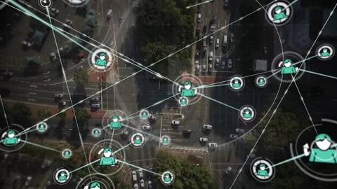 Central teal node appearing in roundabout, sending lines and ripples while Stock Footage 322119374